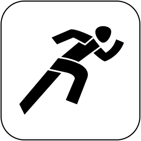 Minimalistische schwarze Silhouette einer Person bei der Leichtathletik, die in einer dynamischen Laufbewegung dargestellt ist, auf weißem Hintergrund.